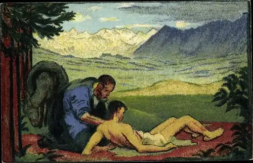 Ganzsachen Ak Schweiz, Bundesfeierkarte 1917, Rotes Kreuz, verwundeter Mann, Gebirge