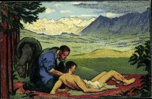 Ganzsachen Ak Schweiz, Bundesfeierkarte 1917, Rotes Kreuz, verwundeter Mann, Gebirge