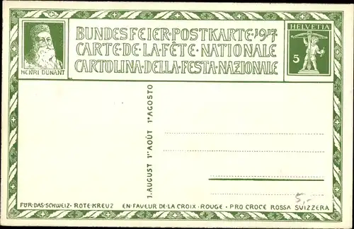 Ganzsachen Ak Schweiz, Bundesfeierkarte 1917, Rotes Kreuz, verwundeter Mann, Gebirge