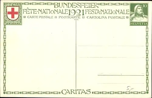 Ganzsachen Ak Schweiz, Bundesfeierkarte 1921, Caritas, Männer mit Trage im Gebirge