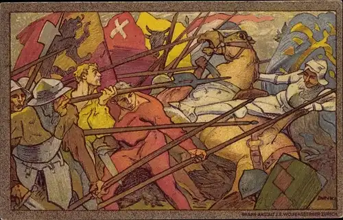 Ganzsachen Ak Schweiz, Bundesfeierkarte 1911, Schlachtszene, Fahnen, Reiter