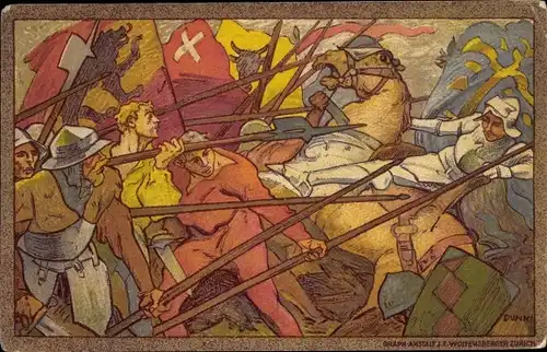 Ganzsachen Ak Schweiz, Bundesfeierkarte 1911, Kampfszene, Reiter, Fahnen
