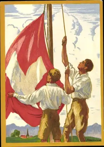 Ganzsachen Ak Schweiz, Bundesfeierkarte 1929, Fahne, Männer
