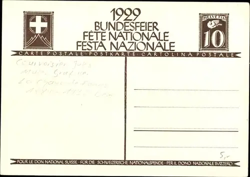 Ganzsachen Ak Schweiz, Bundesfeierkarte 1929, Fahne, Männer
