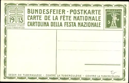 Ganzsachen Ak Bächtiger, A. M., Schweiz, Bundesfeierkarte 1913, Gegen die Tuberkulose