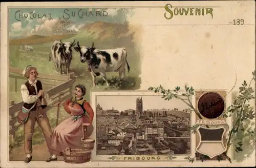 Litho Fribourg Freiburg Stadt Schweiz, Chocolat Suchard, Trachten, Wappen