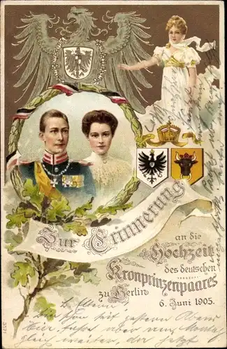 Wappen Litho Kronprinz Wilhelm von Preußen, Kronprinzessin Cecilie von Preußen, Hochzeit 1905