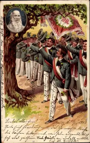 Litho Turner beim Einmarsch zum Turnfest, Turnvater Jahn