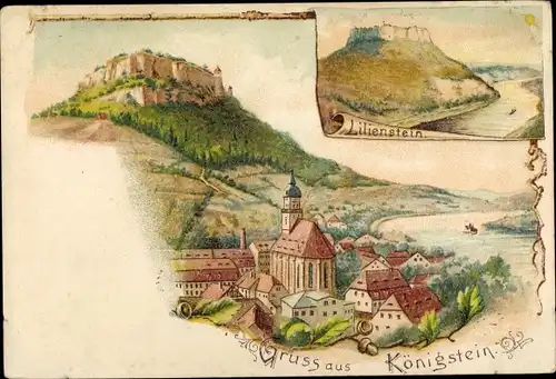 Litho Königstein an der Elbe Sächsische Schweiz, Festung, Lilienstein