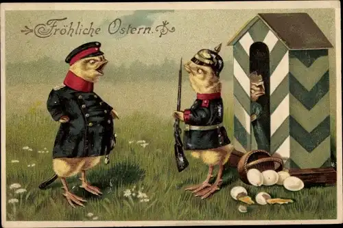 Ak Glückwunsch Ostern, Vermenschlichte Küken in Uniform