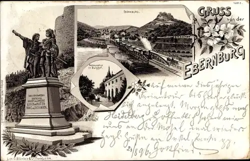 Litho Bad Münster am Stein Ebernburg, Eisenbahnbrücke, Burghof, Denkmal Hutten und Sickingen