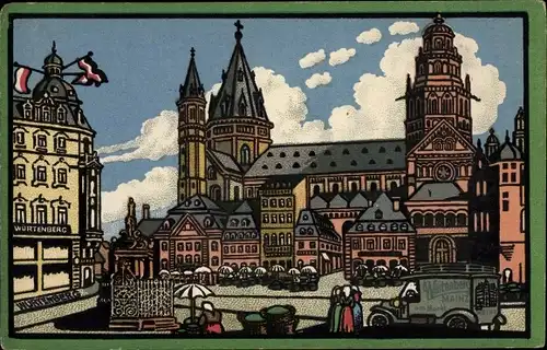 Künstler Ak Mainz am Rhein, Dom, Hotel Würtenberg