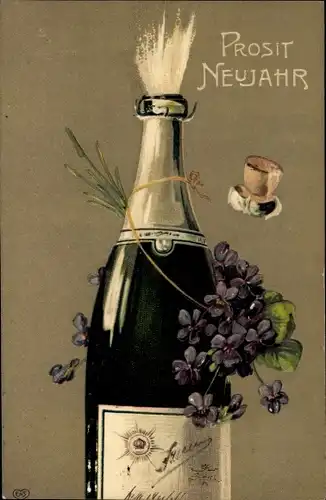 Ak Glückwunsch Neujahr, Sektflasche, Veilchen