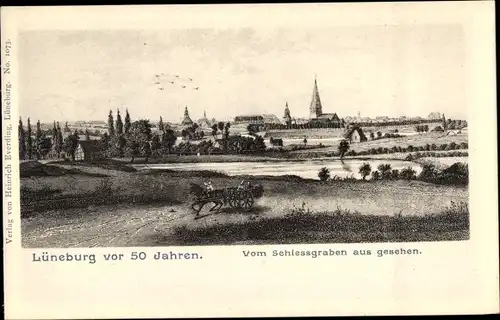 Künstler Ak Lüneburg in Niedersachsen, Panorama vom Schießgraben, Lüneburg vor 50 Jahren