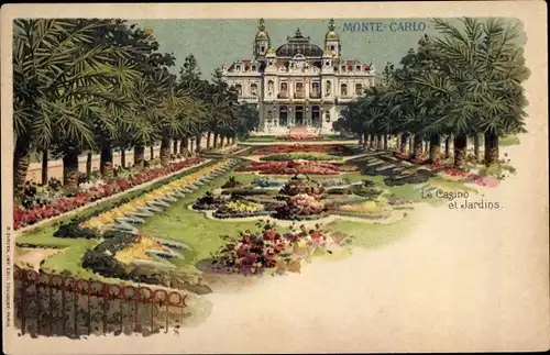 Litho Monte Carlo Monaco, Le Casino et Jardins