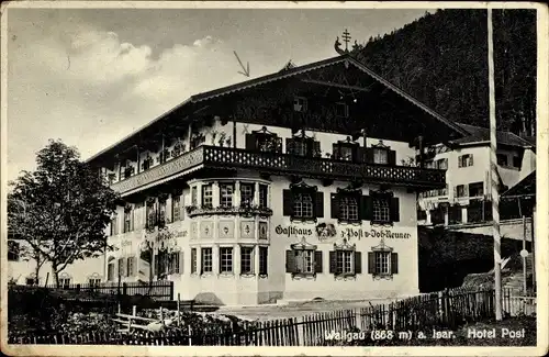 Ak Wallgau an der Isar Oberbayern, Gasthaus Post, Hotel 