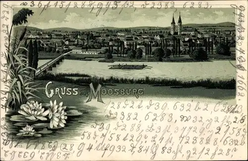 Mondschein Litho Moosburg an der Isar im Kreis Freising, Blick auf die Stadt und Kirche