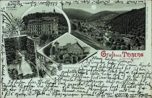 Mondschein Litho Triberg im Schwarzwald, Gewerbehalle, Wasserfall, Schwarzwald Hotel