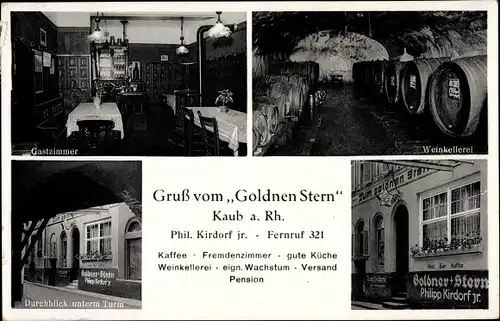 Ak Kaub in Rheinland Pfalz, Pension Goldner Stern, Inh. Phil. Kirdorf, Weinkellerei, Gastzimmer