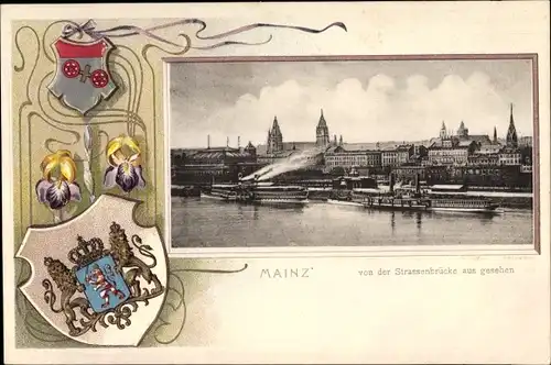 Präge Wappen Ak Mainz in Rheinland Pfalz, Stadt von der Straßenbrücke aus gesehen