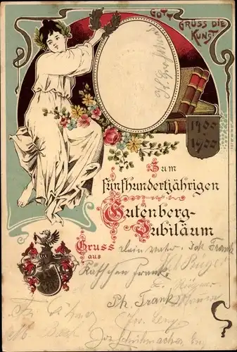 Präge Wappen Litho 500jh. Gutenberg Jubiläum 1400 - 1900