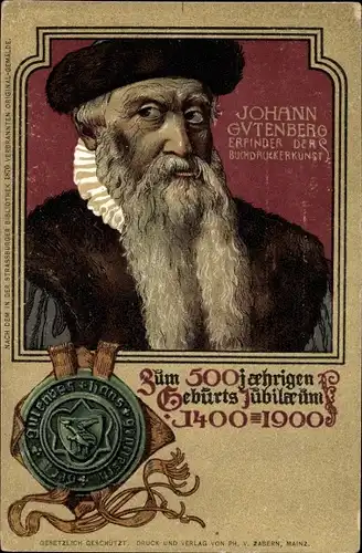 Künstler Litho Johann Gutenberg, 500jh. Geburts Jubiläum 1400 - 1900