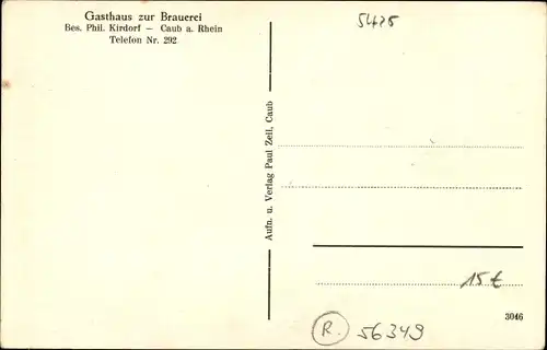 Ak Kaub in Rheinland Pfalz, Gasthaus zur Brauerei, Bes. Phil. Kirdorf, Bierkeller