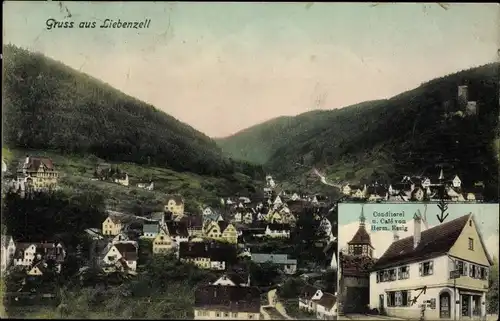 Ak Bad Liebenzell im Schwarzwald, Panorama vom Ort, Konditorei und Cafe von Herm. Essig