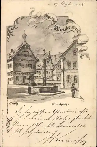 Künstler Ak Weiß, C., Blaubeuren Baden Württemberg, Marktplatz, Brunnen