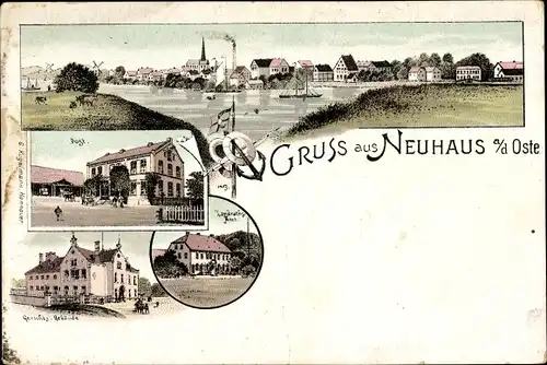 Litho Neuhaus an der Oste, Gesamtansicht, Post, Landratsamt, Gerichtsgebäude