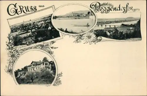 Passepartout Ak Deggendorf im Bayerischen Wald Niederbayern, Blick auf die Stadt, Brücke