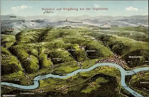 Landkarten Ak Felle, Eugen, Waldshut Tiengen BW, Stadt mit Umgebung aus der Vogelschau