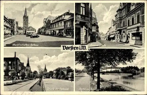 Ak Dorsten in NRW, Markt mit altem Rathaus, Partie am Kanal, Essenerstraße, Gaststätte