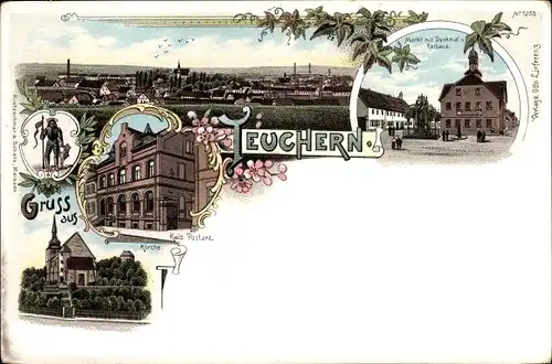 Litho Teuchern im Burgenlandkreis, Markt, Denkmal, Rathaus, Kirche, Postamt