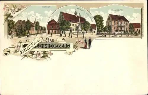 Ak Bad Schmiedeberg in der Dübener Heide, Badehaus, Rathaus, Kriegerdenkmal, Villa Moltke