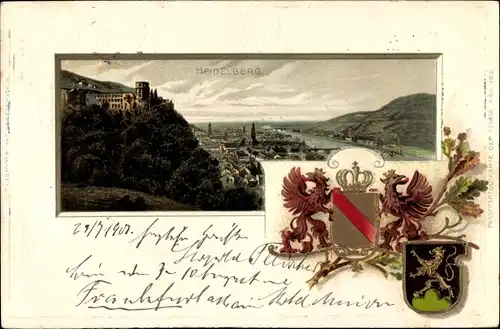 Präge Wappen Litho Heidelberg am Neckar, Totalansicht mit dem Schloss