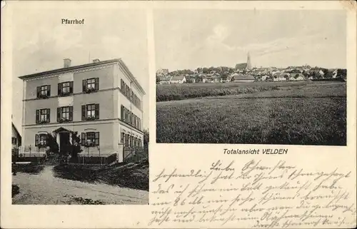 Ak Velden in Niederbayern, Gesamtansicht des Ortes, Kirche, Pfarrhof