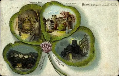 Präge Kleeblatt Litho Heidelberg, Schlosshof, Großes Fass, achteckiger Turm, Altan, Hirschgasse