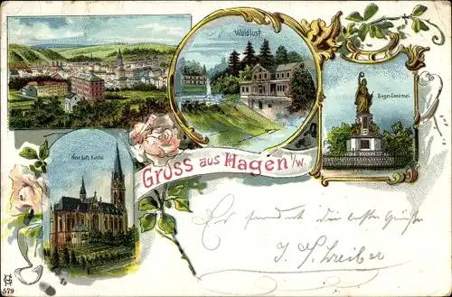 Litho Hagen in Westfalen Ruhrgebiet, Neue kath. Kirche, Waldlust, Siegesdenkmal