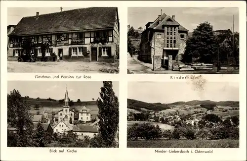 Ak Nieder Liebersbach Birkenau Odenwald, Gasthaus zur Rose, Inh. Adam Emig, Kinderheim, Kirche