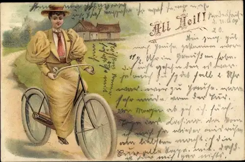 Litho All Heil, Dame auf einem Fahrrad