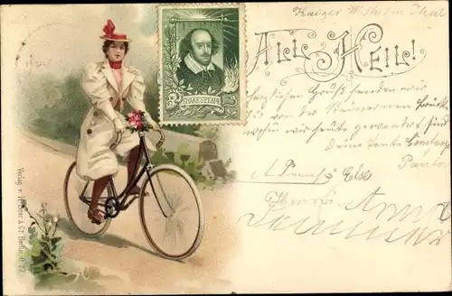 Litho All Heil, Dame auf einem Fahrrad, Vignette Shakespeare