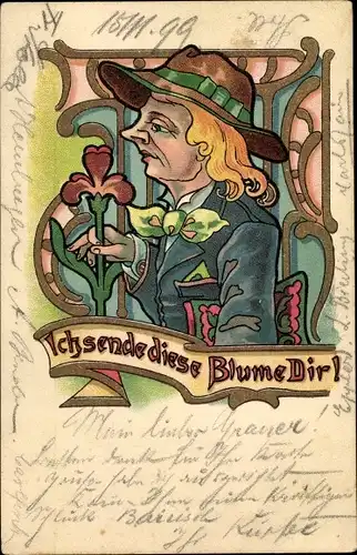 Künstler Ak Ich sende diese Blume Dir, Mann mit Hut