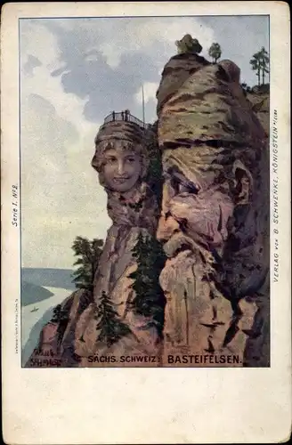 Künstler Ak Bastei Lohmen Sächsische Schweiz, Basteifelsen