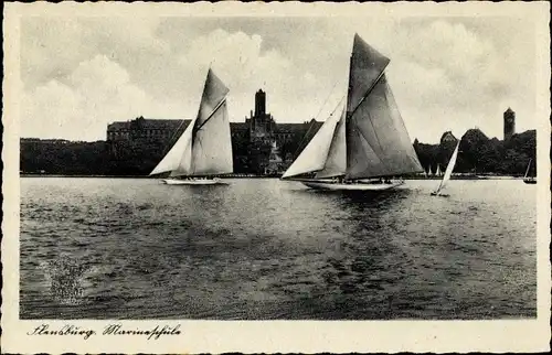 Ak Flensburg in Schleswig Holstein, Marineschule, Segelboote, Blick vom Wasser