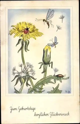 Ak Glückwunsch Geburtstag, Löwenzahn, Marienkäfer, Insekten