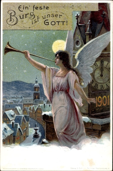 Ganzsachen Ak Prosit Neujahr, 1901, Engel bläst in die Posaune, PP18 C1