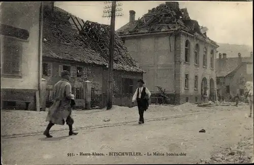 Ak Bitschwiller Bitschweiler Elsass Haut Rhin, La Mairie bombardée