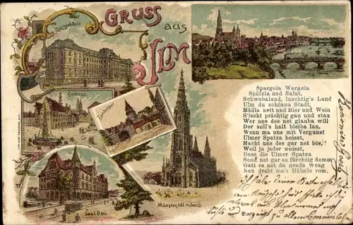 Litho Ulm an der Donau, Justizgebäude, Rathaus, Zundeltor, Münster, Saalbau, Spargela Wargela