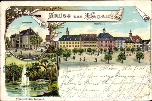 Litho Hanau in Hessen, Marktplatz, Stadttheater, Weiher im Altstädter Schlosspark